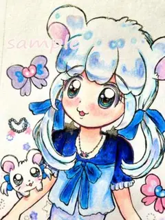 手描きイラスト とっとこハム太郎 リボンちゃん 擬人化 星のワンピース ハガキ大