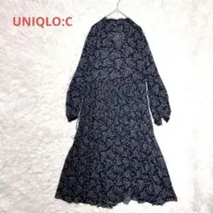 ユニクロ /マキシ丈ワンピース　透け素材　ネイビー　S　フレアスカート　上品