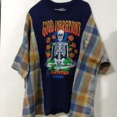 (A75)古着リメイク　Tシャツ＋シャツ