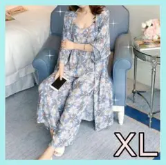 ♡大人気♡　パジャマ　ルームウェア　お花　ライトブルー　スリーピース　XL