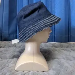 デニム風バケットハット ダークブルー フリンジ付き
