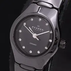 S110 正規美品【スカーゲン】QZ ラウンド 黒文字盤 レディース腕時計