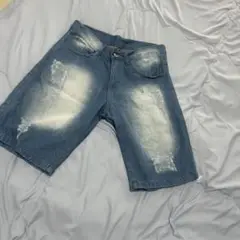 デニムブルー ダメージ加工 ショートパンツ