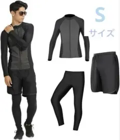 ラッシュガード メンズ バイカラー　3点セット　Sブラック