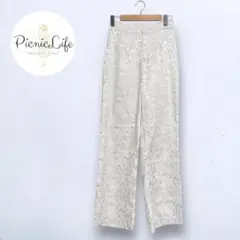 【グレイル】ジャガードフレアパンツ 光沢 総柄 カジュアルパンツ ウエストゴム