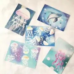 クラゲ5枚セット　ポストカード　葉書　絵葉書　かわいい　イラスト　デザイン