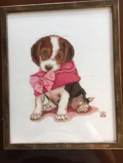 ビーグル仔犬クロスステッチ刺繍完成品(額付き)