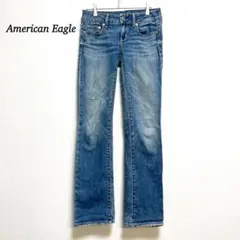 【アメリカンイーグル】ダメージデニムパンツ　ストレート　ブルー　サイズ0　S相当