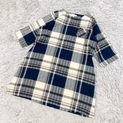 チェックワンピース　チュニック　ポケット　ゆったり　半袖　コットン