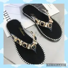 サンダル　黒　キラキラ　夏　リゾート　ぺたんこ　海　ビジュー　ラインストーン