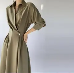 パーティードレス ロングワンピース シャツドレス スリムウエスト オリーブ