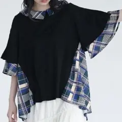 somari imagination アシメ襟チェック柄フレアTシャツ　M〜L