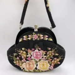 ビーズ刺繍バッグ　花柄　ハンドバッグ　ブラック　和装小物　昭和レトロ　がま口