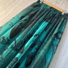 レトロ フレアスカート ロングスカート 総柄 お花 蝶々 可愛い グリーン