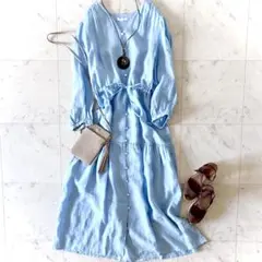 美品 23区×LIBECO リネンシャツワンピース 洗える L 大きいサイズ
