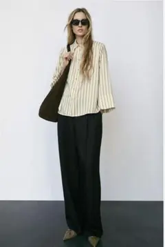 ZARA ザラ　ワイドスリーブストライプシャツ　ベージュ
