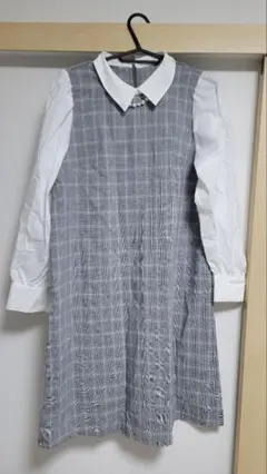 OLIVEdesOLIVEグレー チェック柄 長袖ミニワンピースパールネックレス