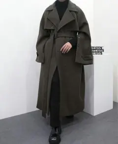 coziness メンズ ボタンスリット ウールロングコート ベルト付き 韓国