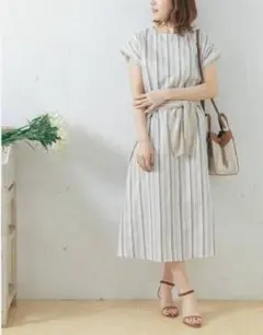 【限定品】アーバンリサーチ ロッソ 半袖リネンストライプワンピース