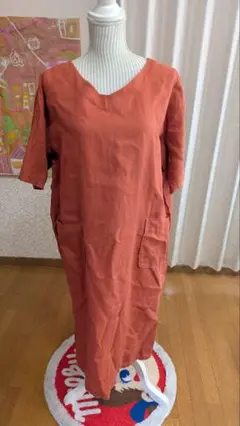 スタジオクリップ　レンガ色　リネン　ロングワンピース　M