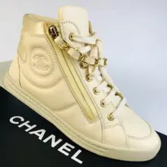 良品★CHANEL・レザー ココマーク刺繍 チェーン スニーカー(35)