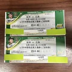 阪神タイガース 9月14日(土)広島戦 チケット2枚 阪神タイガース 阪神vs広島 レフト外野席☆9月14日(土) 14時開始