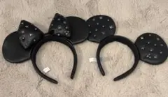 【即日発送】ディズニー ミニー、ミッキーカチューシャセット 黒 レザー ストーン