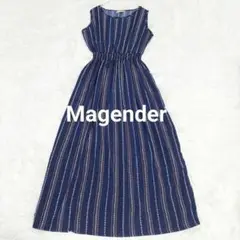 ✨美品✨ マジェンダ とろみ 柄ストライブ ロングワンピース ノースリーブ 紺