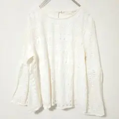 【ピンクアドベ】透かし 　レースカットソー　ボリューム袖　M　コットン　レーヨン