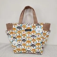 ハンドメイド　サイドポケット付きトートバッグ　柴犬フェイス×ベージュ