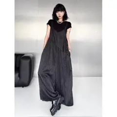 人気を獲得☆着痩せ ストライプ柄 着痩せ 切り替 サロペット オーバーオール