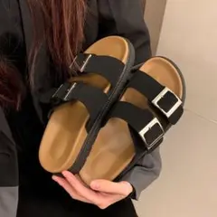 黒 ダブルボタン レディーススリッパ、サンダル サイズ：25cm
