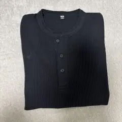 ユニクロワッフルヘンリーネックT ブラック　S ユニクロサーマル