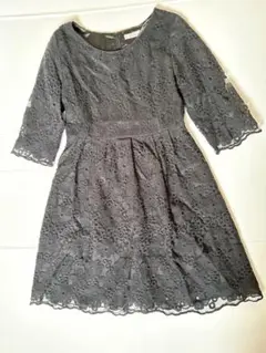 ⭐︎黒 レースワンピース 7分袖丈 刺繍 おしゃれ お呼ばれ 裏地有 ミニワンピ⭐︎