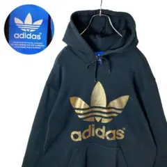 レアデザイン!adidasゴールドプリントトレフォイルでかロゴスウェットパーカー