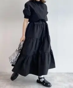 wcloset ダブルクローゼット 半袖 ティアード ロング ワンピース 黒