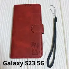 Galaxy S23 5G ケース 手帳型 猫柄 カード収納 スタンド機能レッド