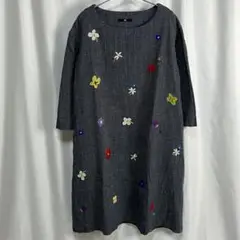 【極美品】45R インディゴギマ フラワー 花刺繍 ワンピース