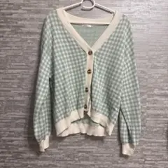 ミントグリーン チェック柄 ニットカーディガン