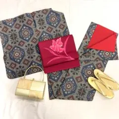 〔6490〕着物 紬 正絹 袷 グレー×青 単品販売♪