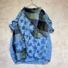遊民 スタンドカラー 異素材 ガーゼチュニック　チェック×花刺繍