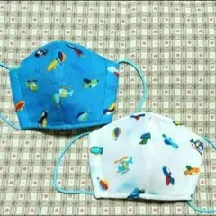 ハンドメイド、空飛ぶ乗り物柄の幼児用立体マスク、青、白、2個セット