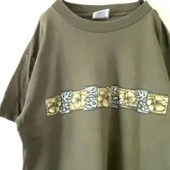 GOOD VIBES ハイビスカス 袖ロゴ Tシャツ L カーキ 緑 古着