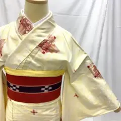 〔4748〕着物 紬 単衣 黄×白×赤 対象身長~161㎝