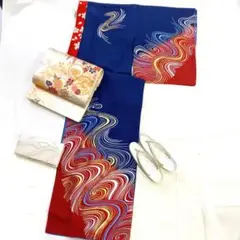 【2120】着物 訪問着・付下 化繊 紺×赤 単品販売♪