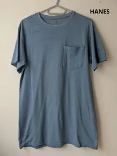 HANES 青のコットンTシャツ ポケット付き