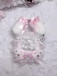 スケルトンケースデコ レースデコ ピンク リボン うさ耳 垂れ耳 姫系