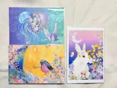 オリジナル 地球の生き物ポストカードセット 3枚 うさぎ くらげ 蝶 鳥 花