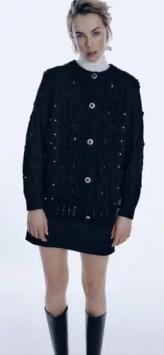 ZARA ラインストーン ボタン ニット カーディガン 黒 ザラ