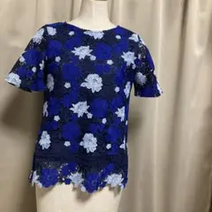 ルクオーレ花柄レース半袖トップス ネイビー